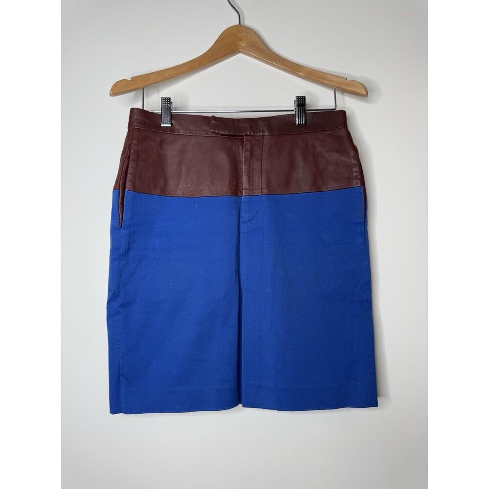SCYE Midi Skirt 38 Blue Stretch Brown Leather Pencil Lined With Pockets Japan